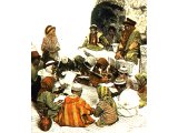 Beduin children learning in the traditional way, seated round their teacher, writing on slates. An early photograph.